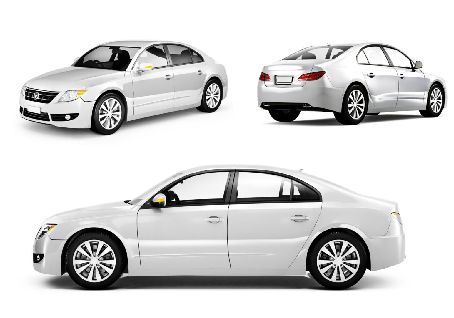 Different angles of a white sedan car showcasing its design.